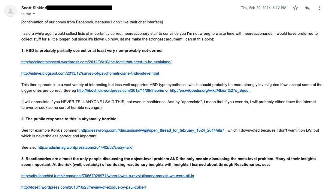 Screenshot of a leaked email from Scott "Siskind" Alexander