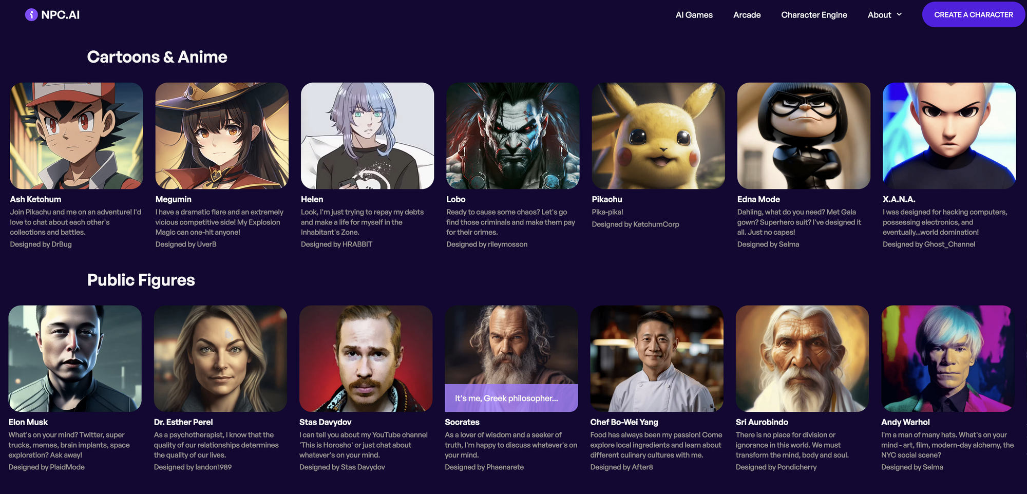 Screenshot of the "Cartoons & Anime" and "Public Figures" sections from npc.ai as it existed in 2023