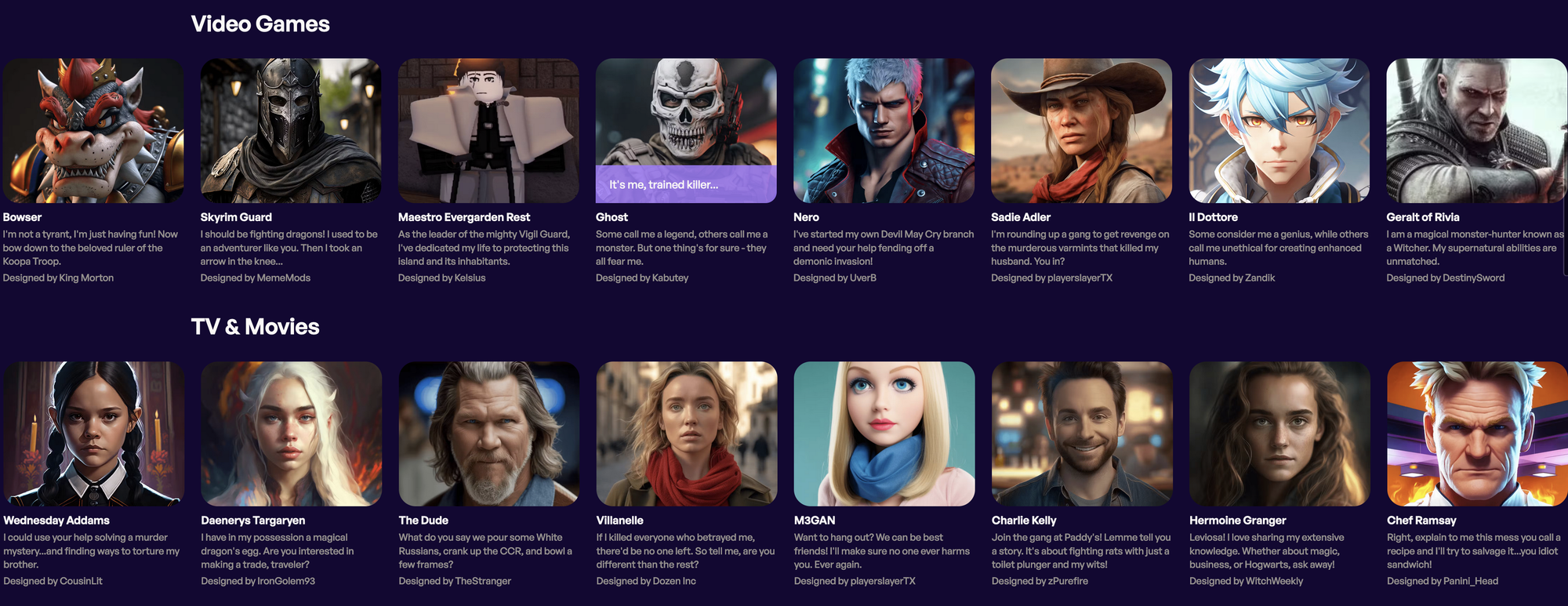 Screenshot of the "Video Games" and "TV & Movies" sections from npc.ai as it existed in 2023