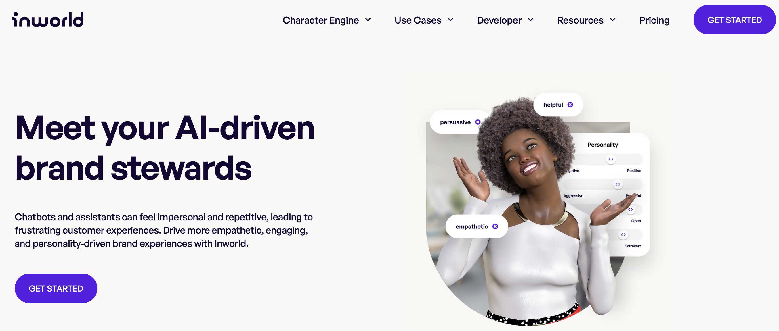 Image of the old Inworld website showing a black woman AI character with positive adjectives like "helpful" surrounding her