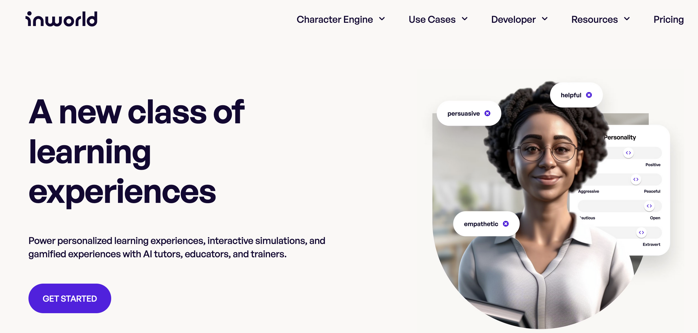 Image of the old Inworld website showing a black woman AI character with positive adjectives like "helpful" surrounding her