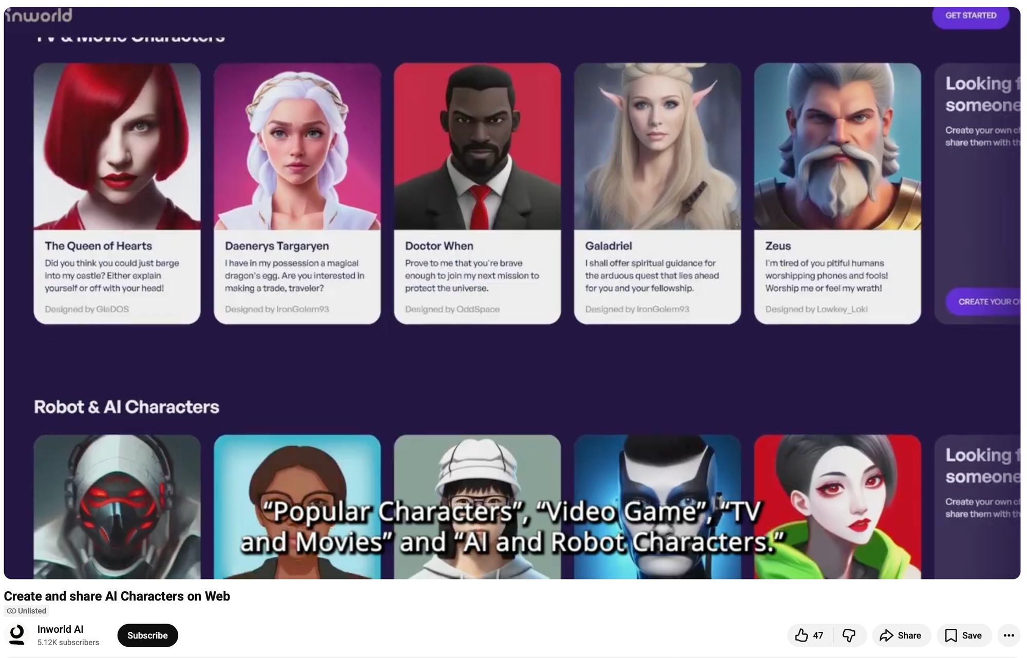 Screenshot of the unlisted "Create and Share AI Characters on the Web" video showing the Daenerys chatbot