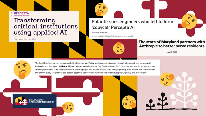 Thinking face emojis and screenshots of the state of Maryland's announcements related to AI overlaid on top of the Maryland flag